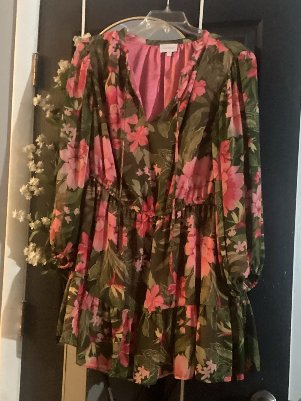 Sugarlips Olive Floral Mini Dress with Pink Blooms